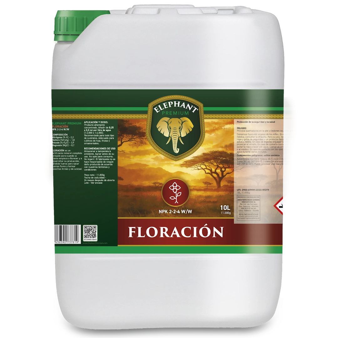 Envase de fertilizante para floración Elephant Floración de 10 litros con fórmula NPK 2-2-4 para un mayor desarrollo floral y un mejor rendimiento de las plantas