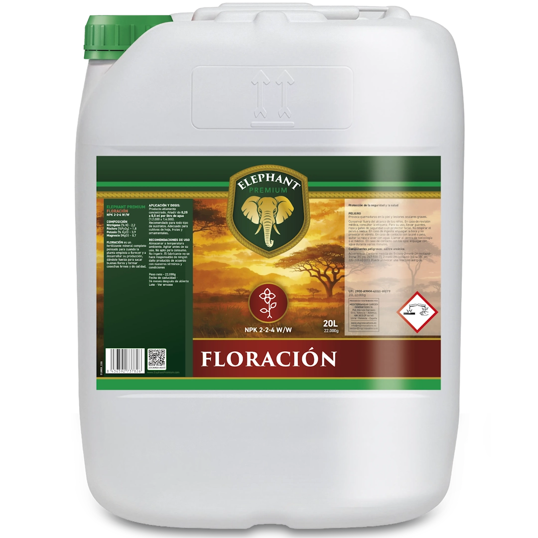 Envase de fertilizante para floración Elephant Floración de 20 litros con fórmula NPK 2-2-4 para un desarrollo floral intenso y un rendimiento óptimo de las plantas