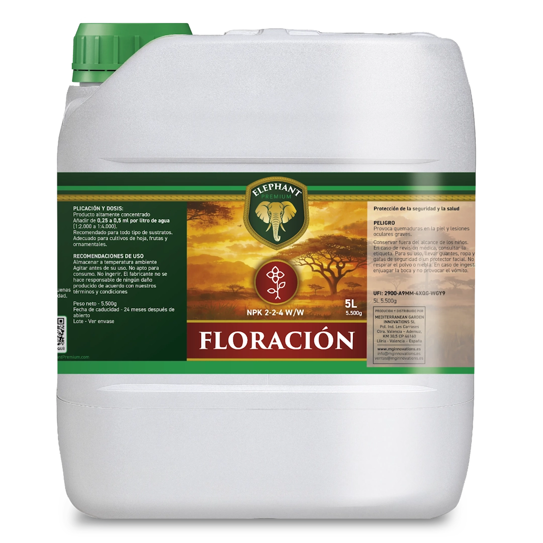 Envase de fertilizante para floración Elephant Floración de 5 litros con fórmula NPK 2-2-4 para un mayor desarrollo floral y un mejor rendimiento de las plantas