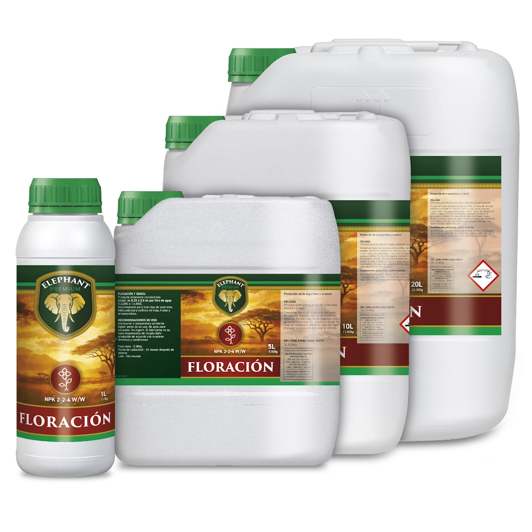 Gama de productos Elephant Floración con envases de fertilizante para la floración de 1 l, 5 l, 10 l y 20 l, para un desarrollo floral vigoroso