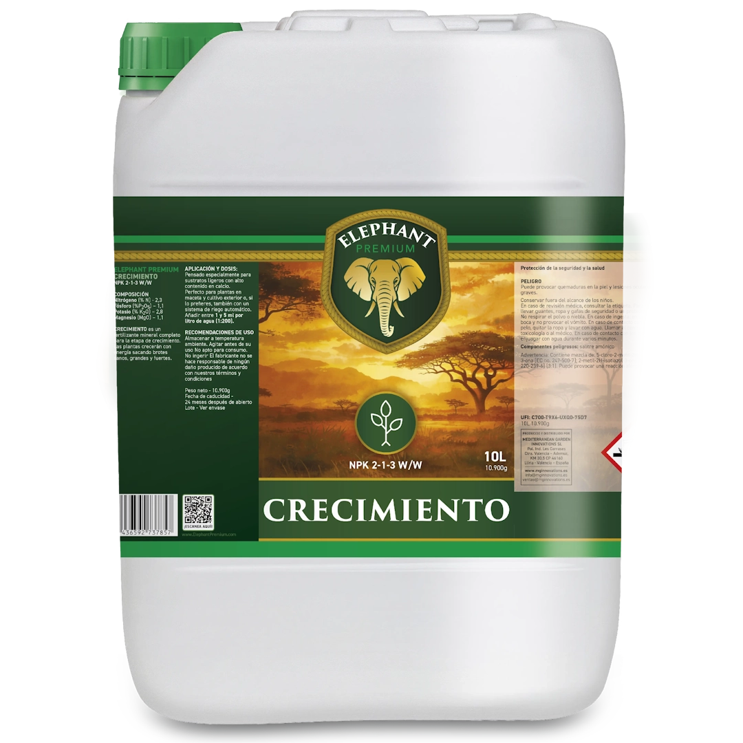 Envase de 10 litros de fertilizante para plantas en fase vegetativa Elephant Crecimiento, con fórmula NPK 2-1-3 para un crecimiento vigoroso y brotes sanos