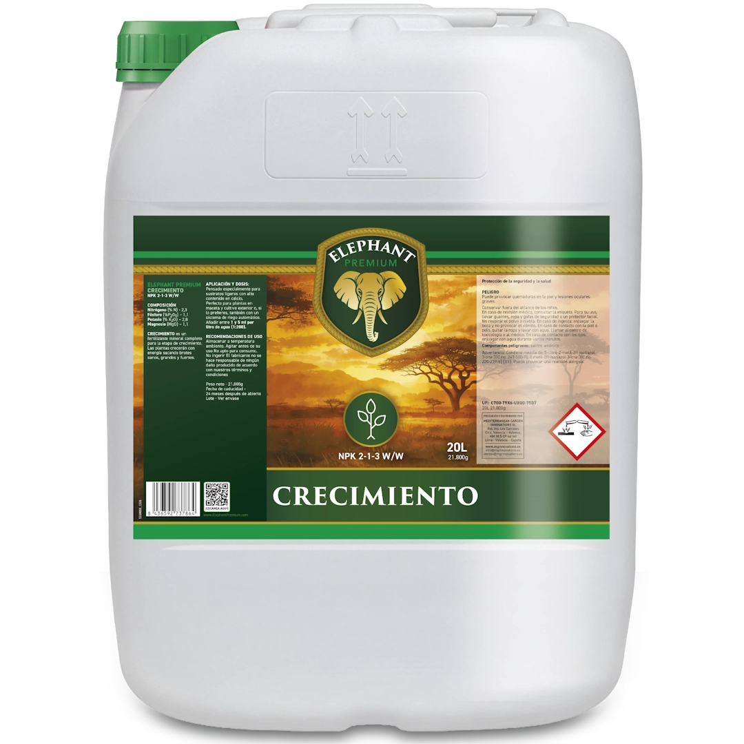 Envase de 20 litros de fertilizante para plantas en fase vegetativa Elephant Crecimiento, con fórmula NPK 2-1-3, para un crecimiento vigoroso y un desarrollo robusto de las plantas