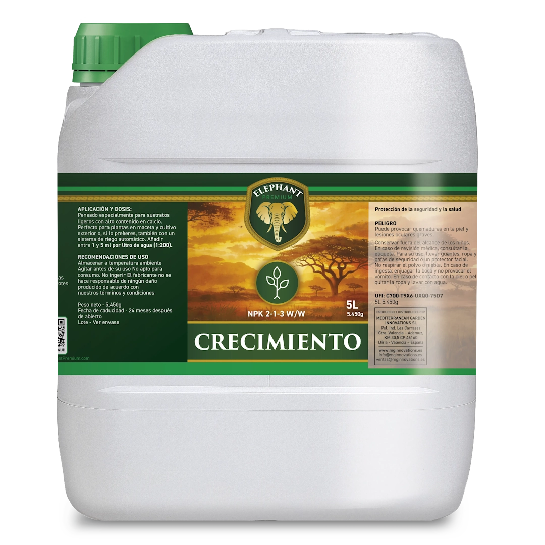 Envase de 5 litros de fertilizante vegetativo Elephant Crecimiento con fórmula NPK 2-1-3 para un crecimiento vigoroso de las plantas