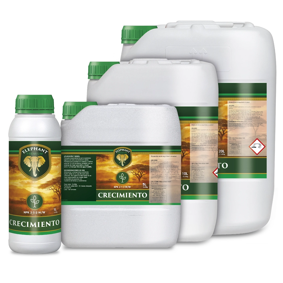 Gama de fertilizantes Elephant Crecimiento, disponible en envases de 1 l, 5 l, 10 l y 20 l, para el crecimiento vegetativo de las plantas