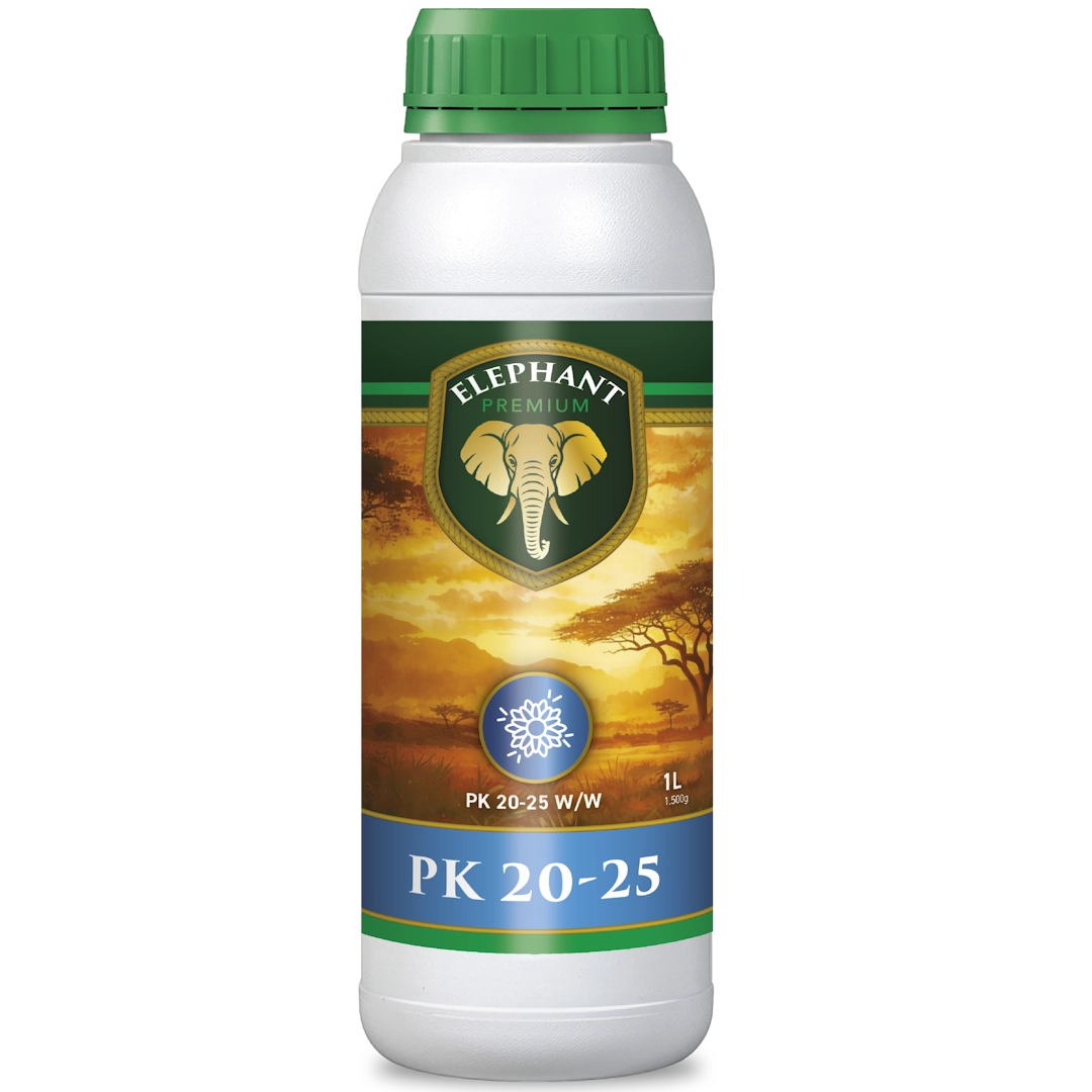 Botella de 1 litro de Elephant PK 20-25, potenciador de floración con fórmula PK 20-25 para aumentar la densidad de las flores y favorecer la maduración final