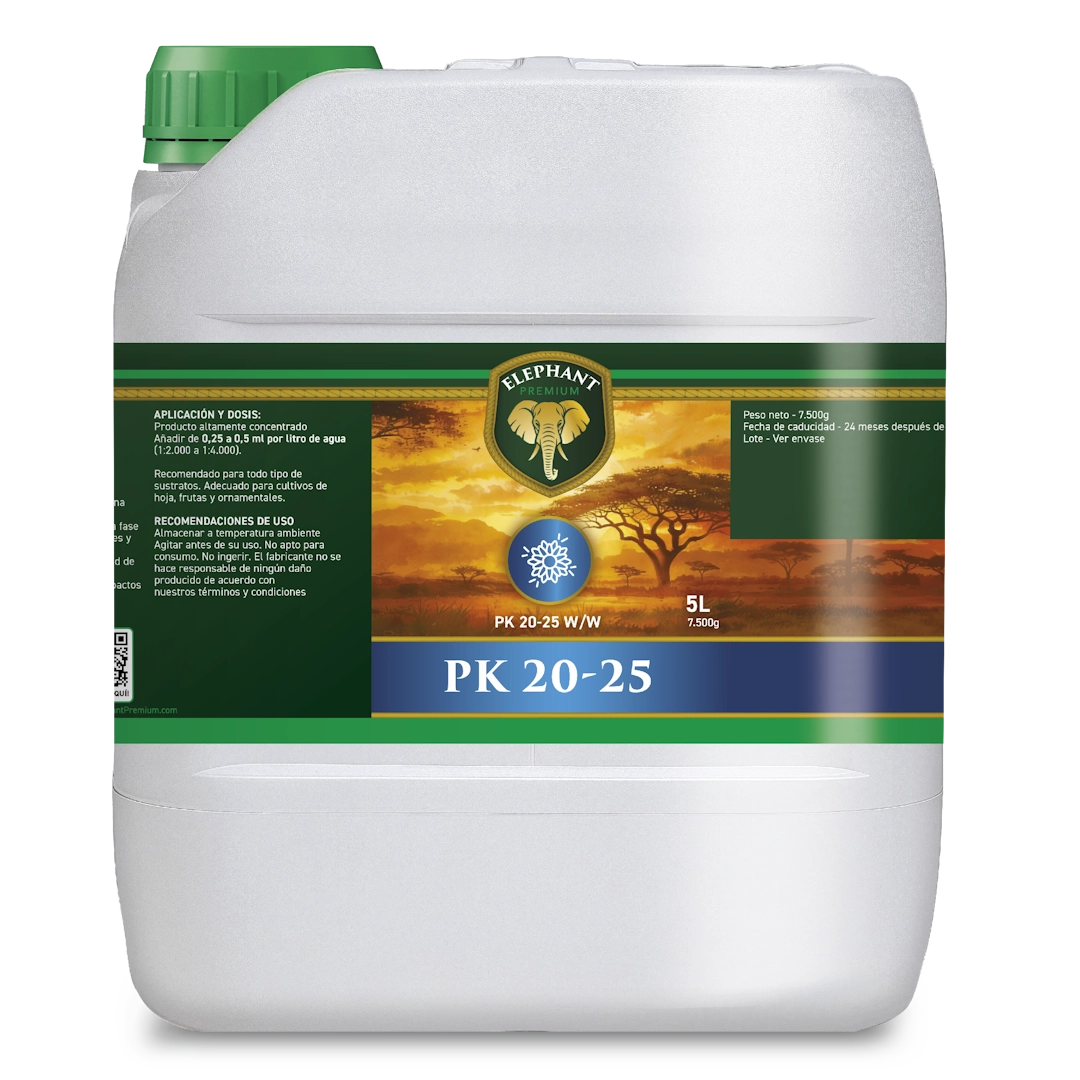 Envase de 5 litros de Elephant PK 20-25, potenciador de floración con fórmula PK 20-25 para aumentar la densidad de las flores y favorecer la maduración final