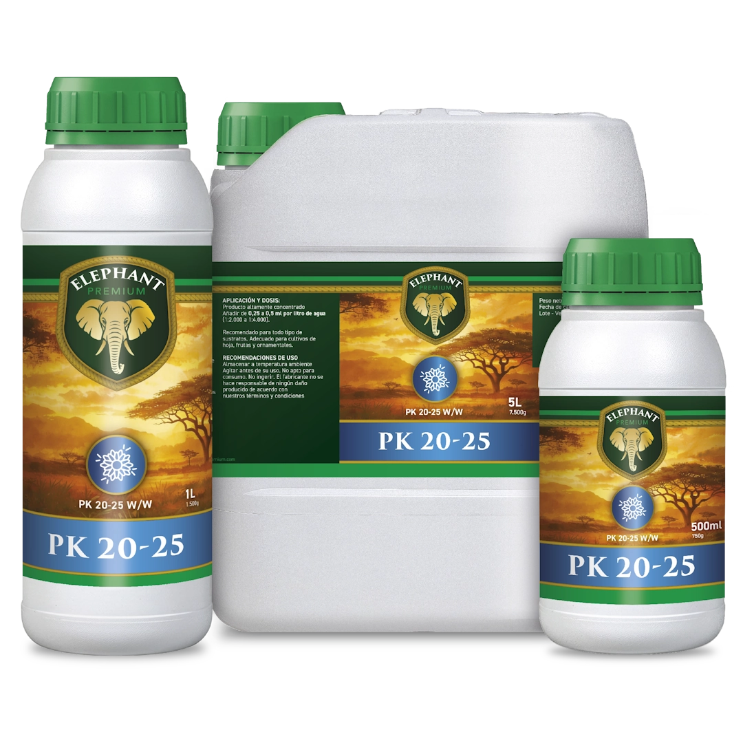 Gama de productos Elephant PK 20-25 con envases de 500 ml, 1 l y 5 l de potenciador de floración para aumentar la densidad de las flores y favorecer la maduración final