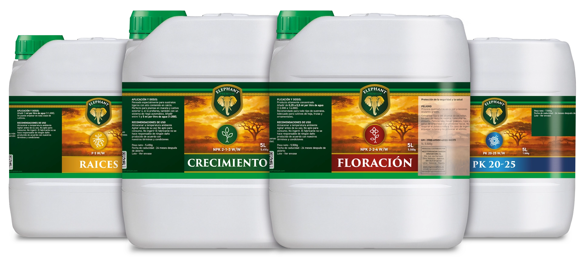 Gama de fertilizantes Elephant Premium, que incluye soluciones nutritivas para raíces, crecimiento, floración y PK 20-25