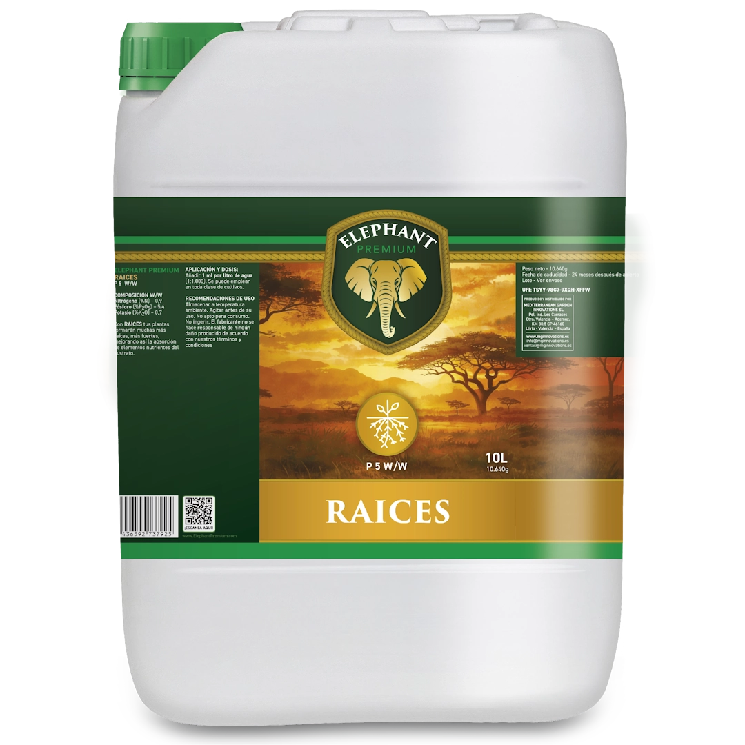 Envase de 10 litros de Elephant Raíces, estimulador de raíces con fórmula P 5, para un desarrollo radicular más fuerte y una mejor absorción de nutrientes