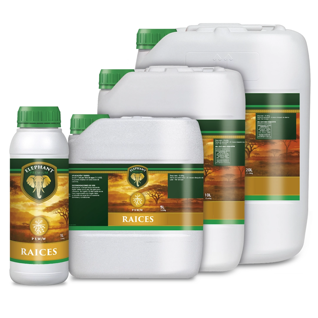 Gama de productos Elephant Raíces con envases de estimulador de raíces de 1 l, 5 l, 10 l y 20 l para un desarrollo radicular más fuerte