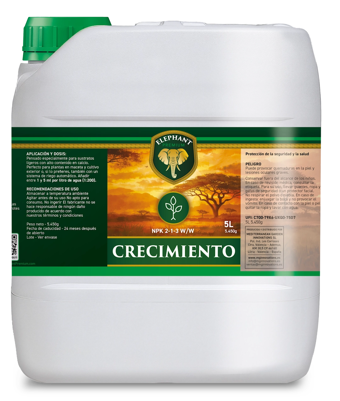 Elephant Premium Growth 5L fertilizer container for aggressive vegetative plant growth with NPK 2-1-3 formula