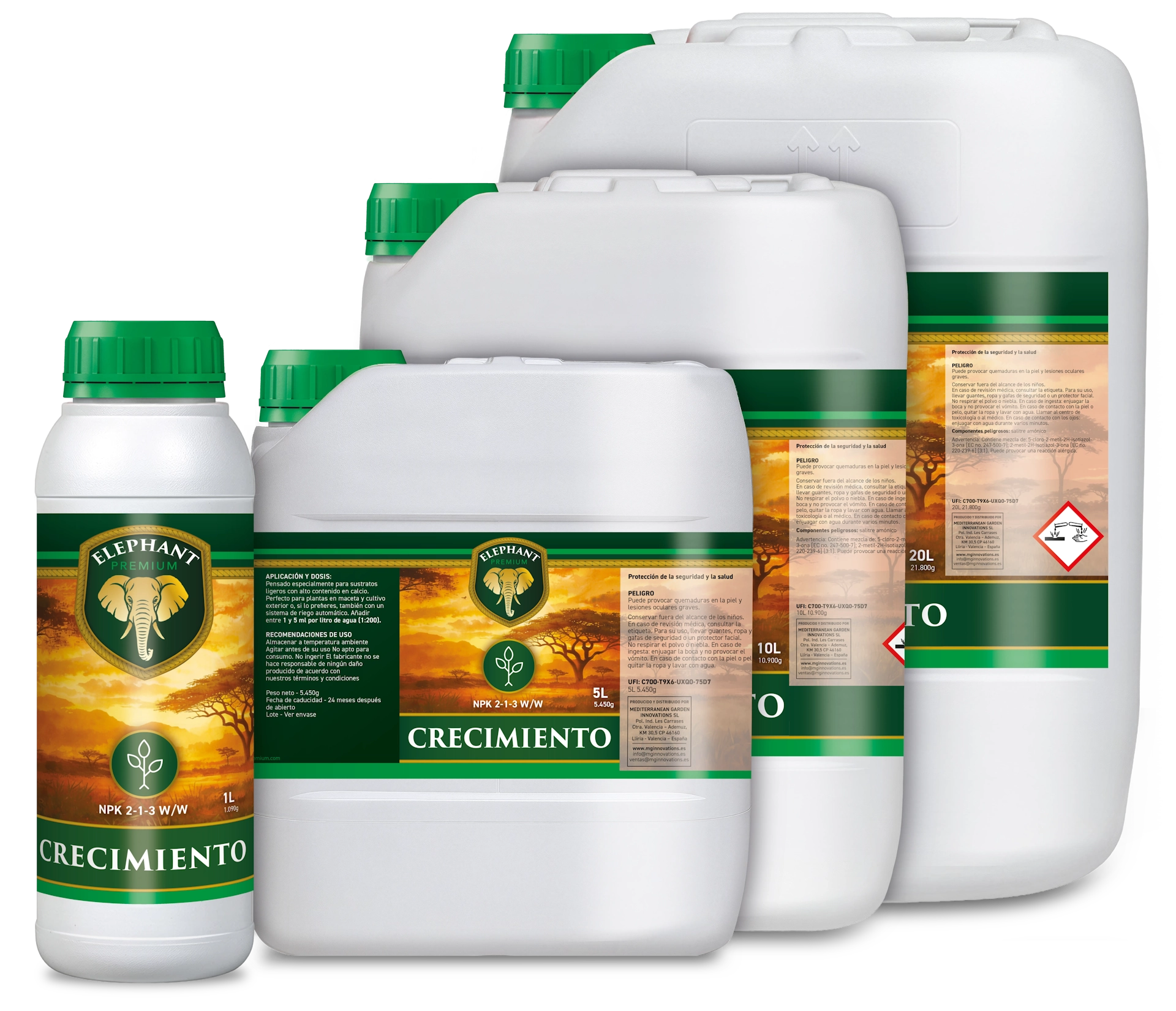 ELEPHANT PREMIUM Growth fertiliser product family including multiple bottle and container sizes