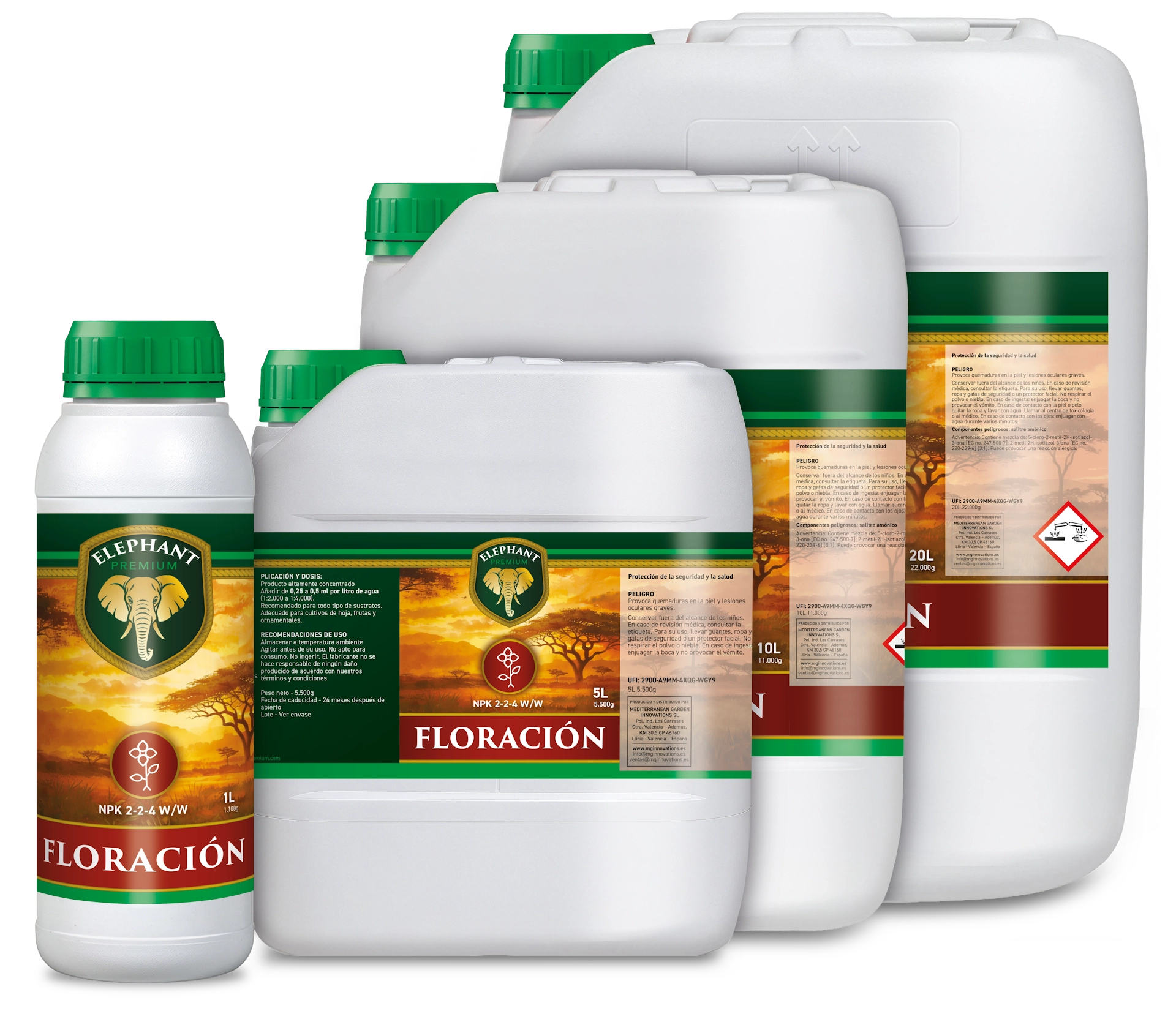 ELEPHANT PREMIUM Flowering fertiliser product family including multiple bottle and container sizes
