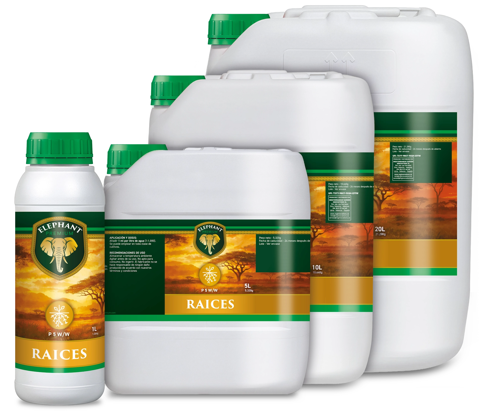 ELEPHANT PREMIUM Roots fertiliser product family including multiple bottle and container sizes