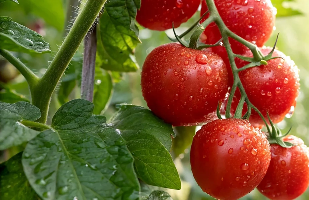 Healthy ripe tomatoes growing in a greenhouse with fresh water droplets and vibrant green leaves